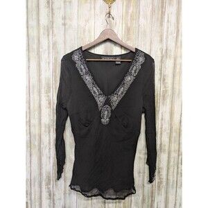 Vintage Y2K Silk Top Large Witchy Whimsigoth Babydoll Black Sheer Embroidered
